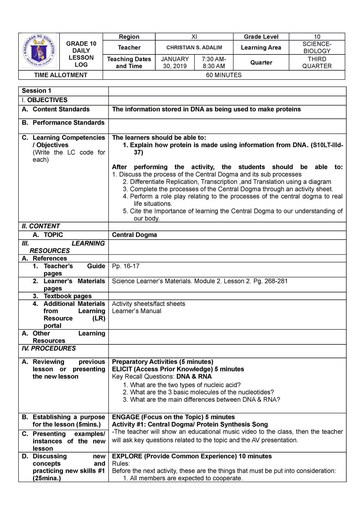 LP 2ND - Sample LP - GRADE 10 DAILY LESSON LOG Region XI Grade Level 10 ...