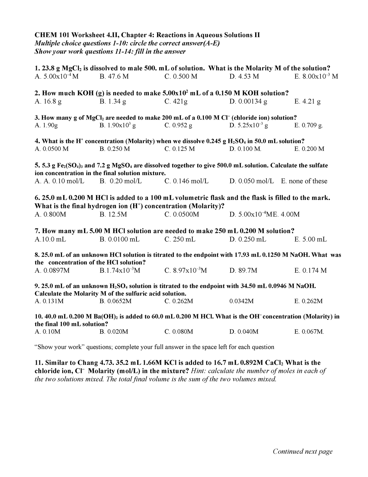 chemistry 101 chapter 4 homework answers