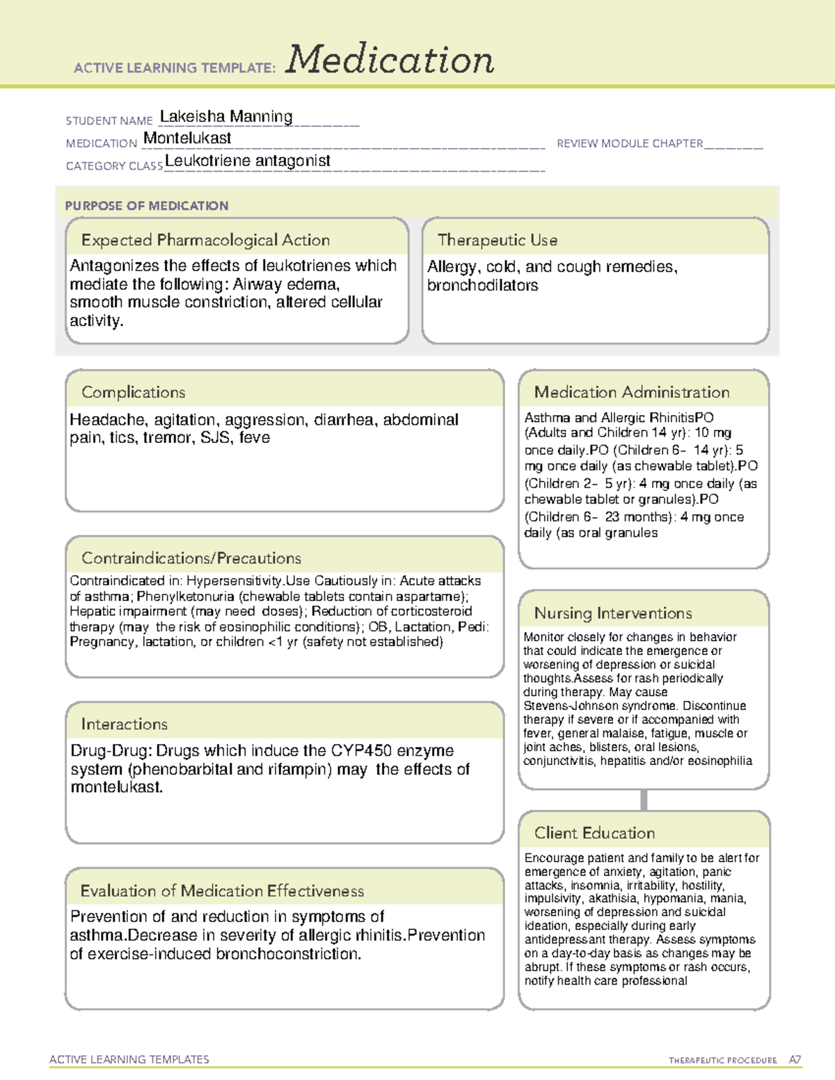 Montelukast ACTIVE LEARNING TEMPLATES THERAPEUTIC PROCEDURE A