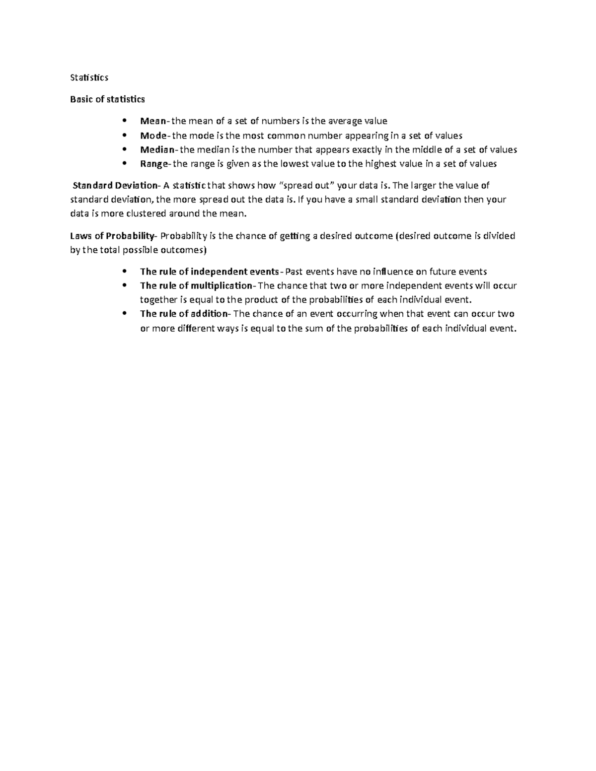 Statistics notes - Statistics Basic of statistics Mean- the mean of a ...