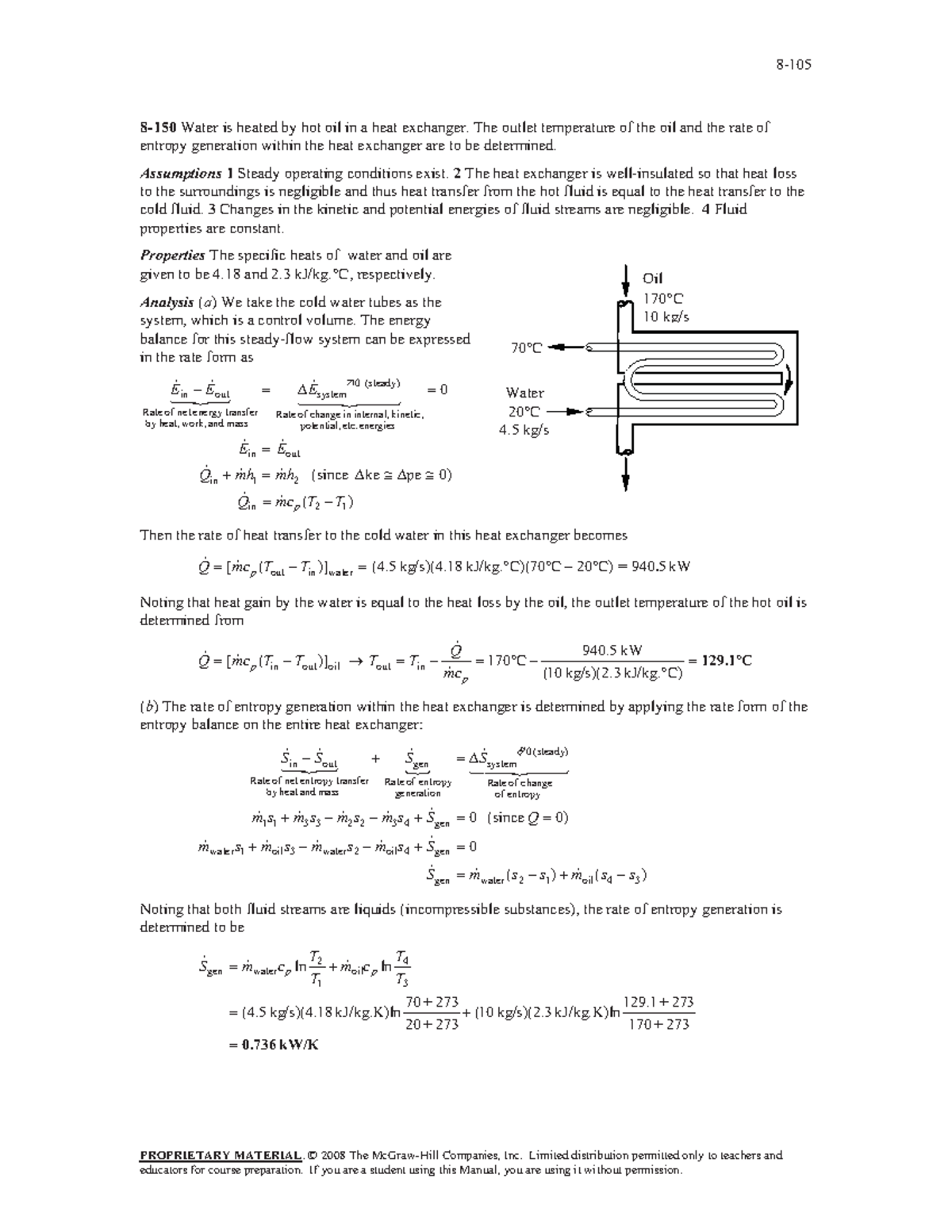 Entropy - Manual Solution - Water is heated hot oil in a heat exchanger ...