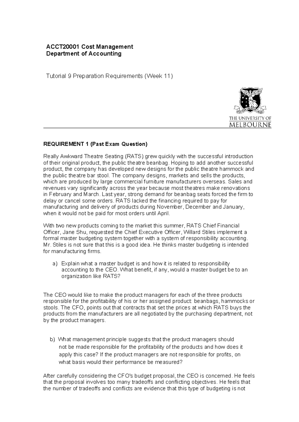 Tutorial+9+Requirements - ACCT20001 Cost Management Department of ...