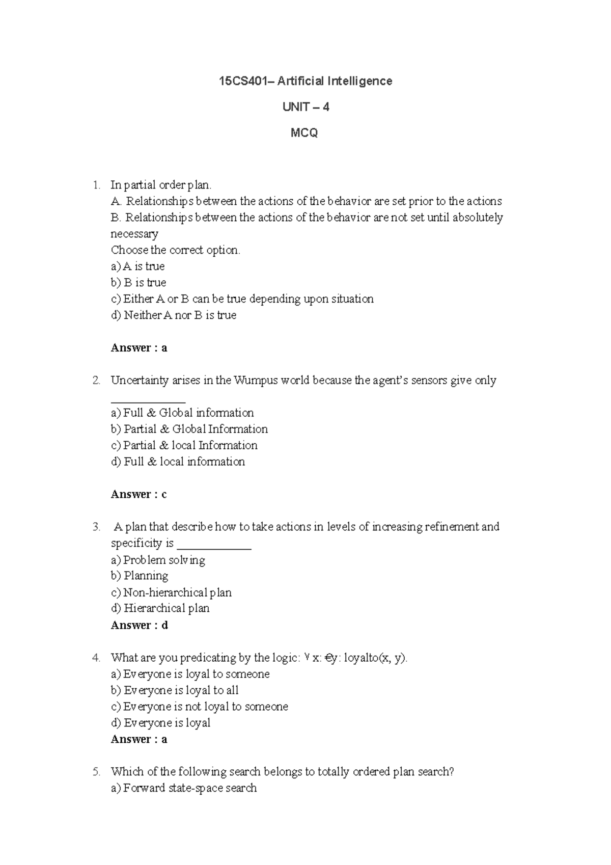 AI Unit 4 MCQ - Cse Materials - 15CS401– Artificial Intelligence UNIT ...