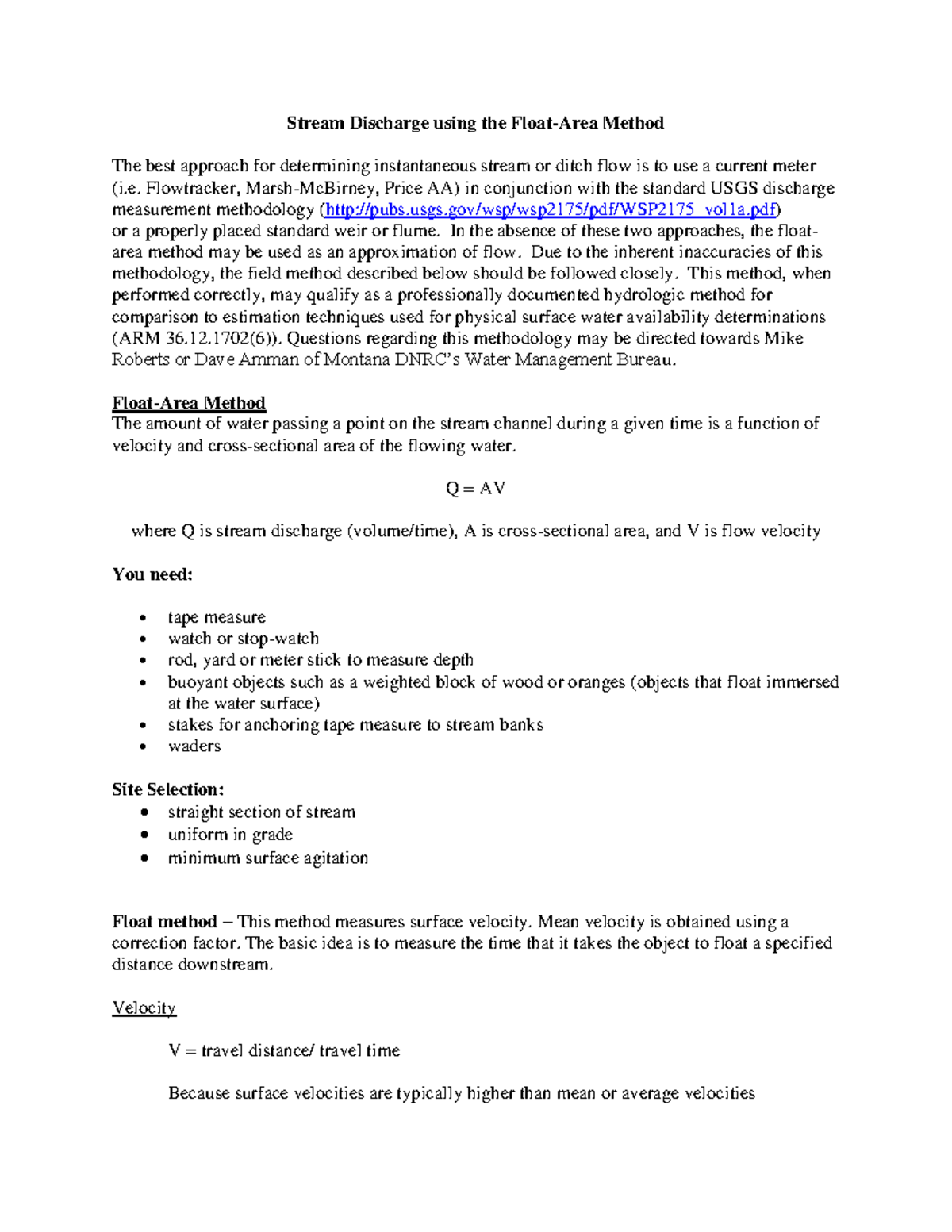 Floatarea method for finding velocity of stream Stream Discharge