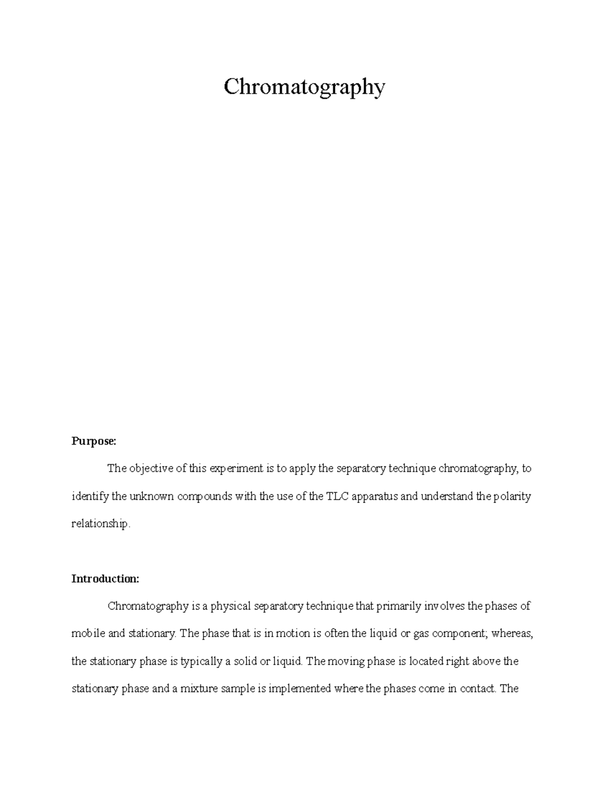Copy of Chromatography Lab Report Chromatography Purpose The