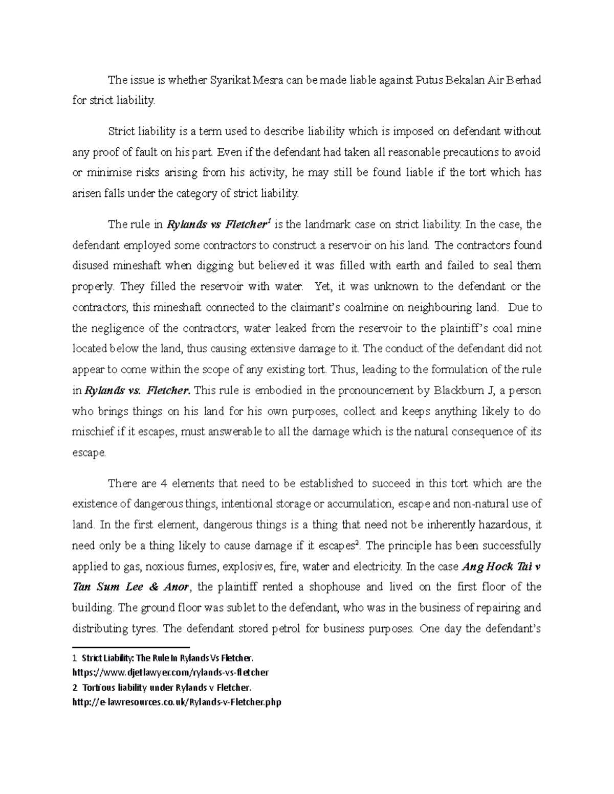 Strict Liability Assignment Law Of Torts I Law 435 Uitm Studocu