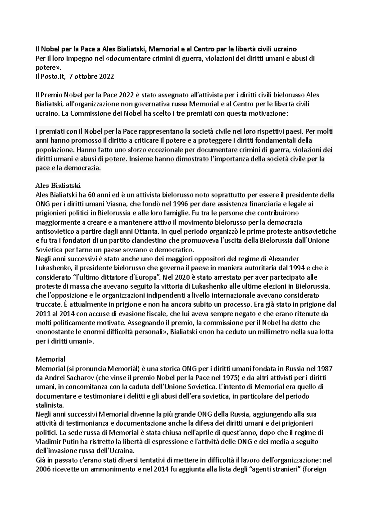 Il Nobel Per La Pace A Ales Bialiatski - Il Posto, 7 Ottobre 2022 Il ...