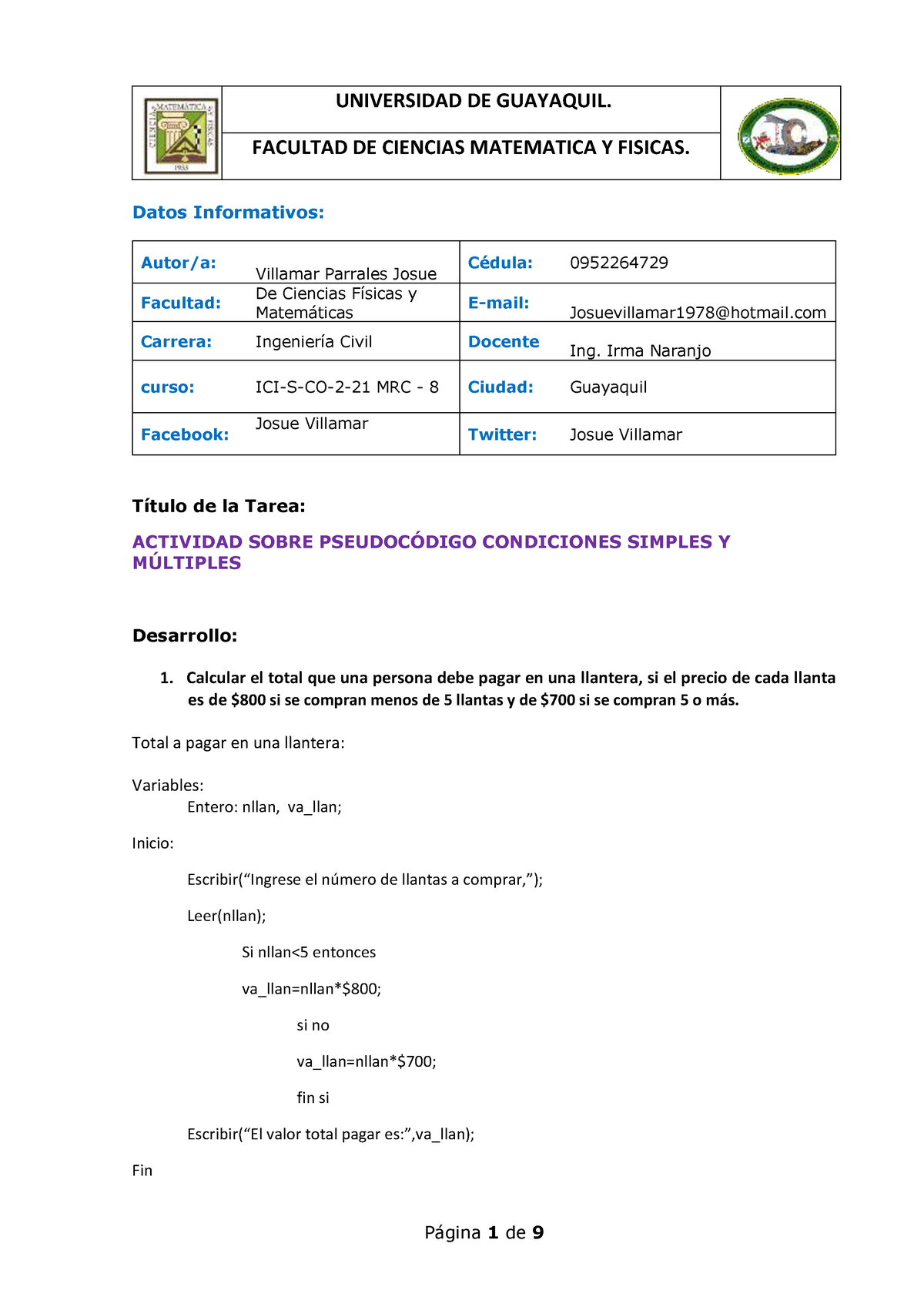 Pseudocódigo Simple Y Multiples Josue Villmar Facultad De Ciencias Matematica Y Fisicas 7493