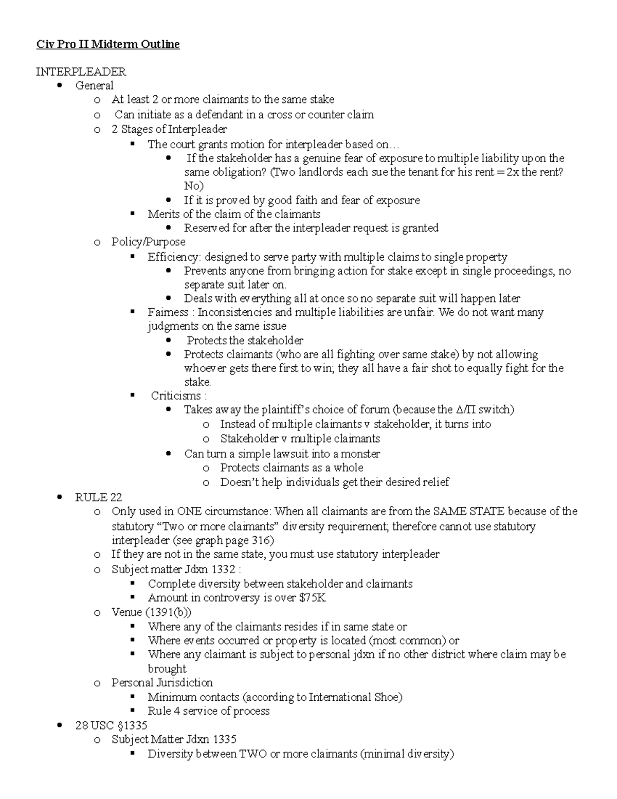 Civ Pro II Midterm Outline - Civ Pro II Midterm Outline INTERPLEADER ...