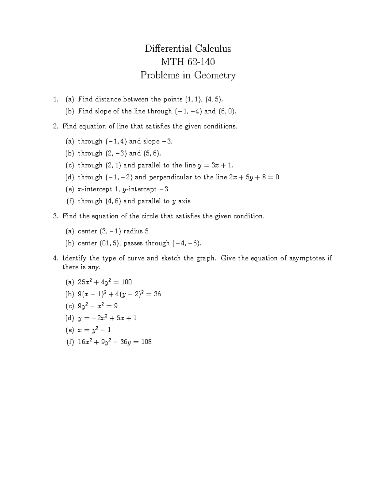Sample Problems For Geometry - Differential Calculus MTH 62- Problems ...