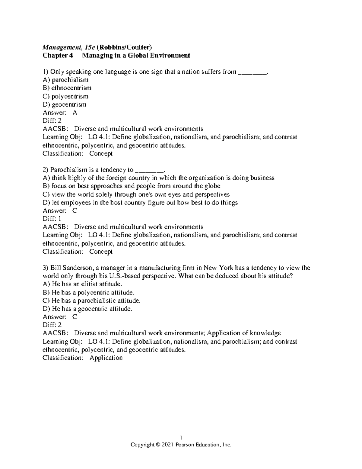 Management Chapter 4 Question Bank - 1 Management, 15e (Robbins/Coulter ...