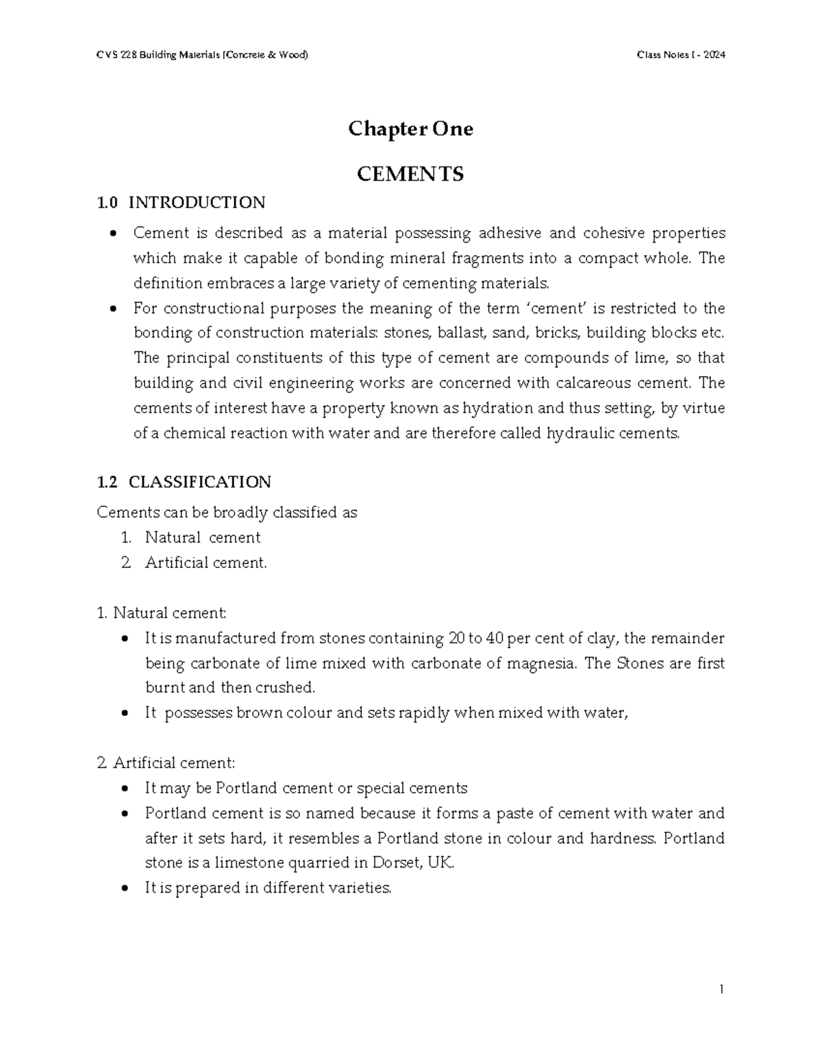 CVS 228 Introduction Cement - Chapter One CEMENTS 1 INTRODUCTION Cement ...