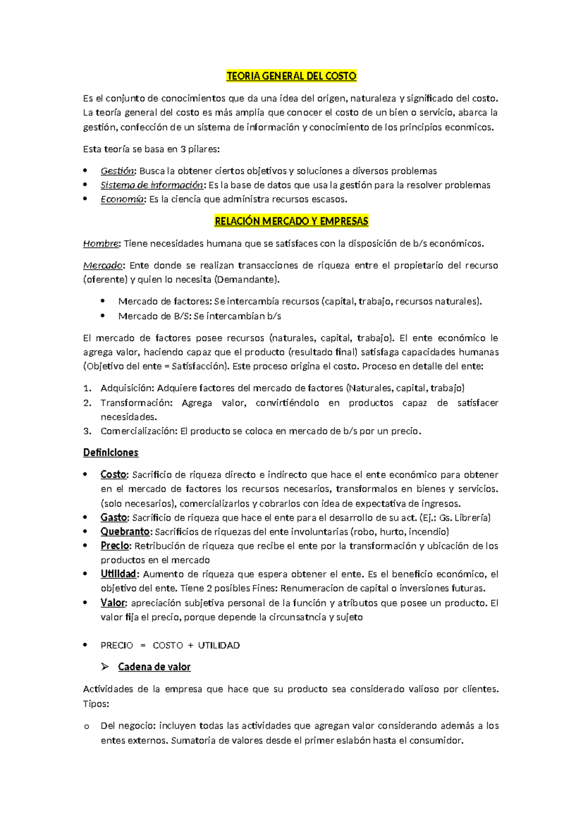 Unidad 1 - Costos elementos - TEORIA GENERAL DEL COSTO Es el conjunto ...