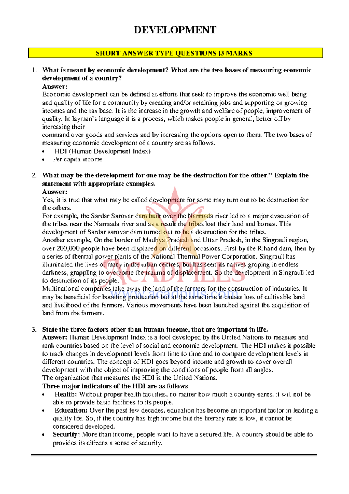 Development most important questions - DEVELOPMENT SHORT ANSWER TYPE ...