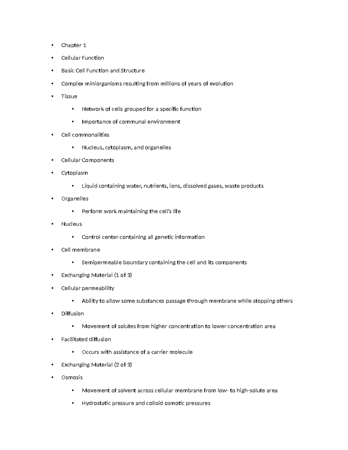 Chapter 1 - Notes - Chapter 1 Cellular Function Basic Cell Function and ...