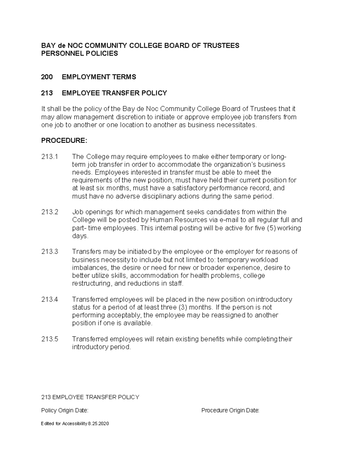213 Employee Transfer Policy 213 EMPLOYEE TRANSFER POLICY Policy
