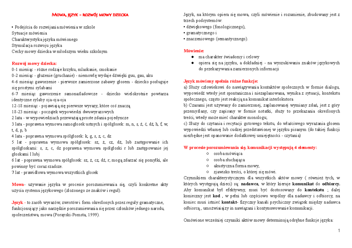 Wy. II ed. polonistyczna 07 - Mowa, język - rozwój mowy dziecka