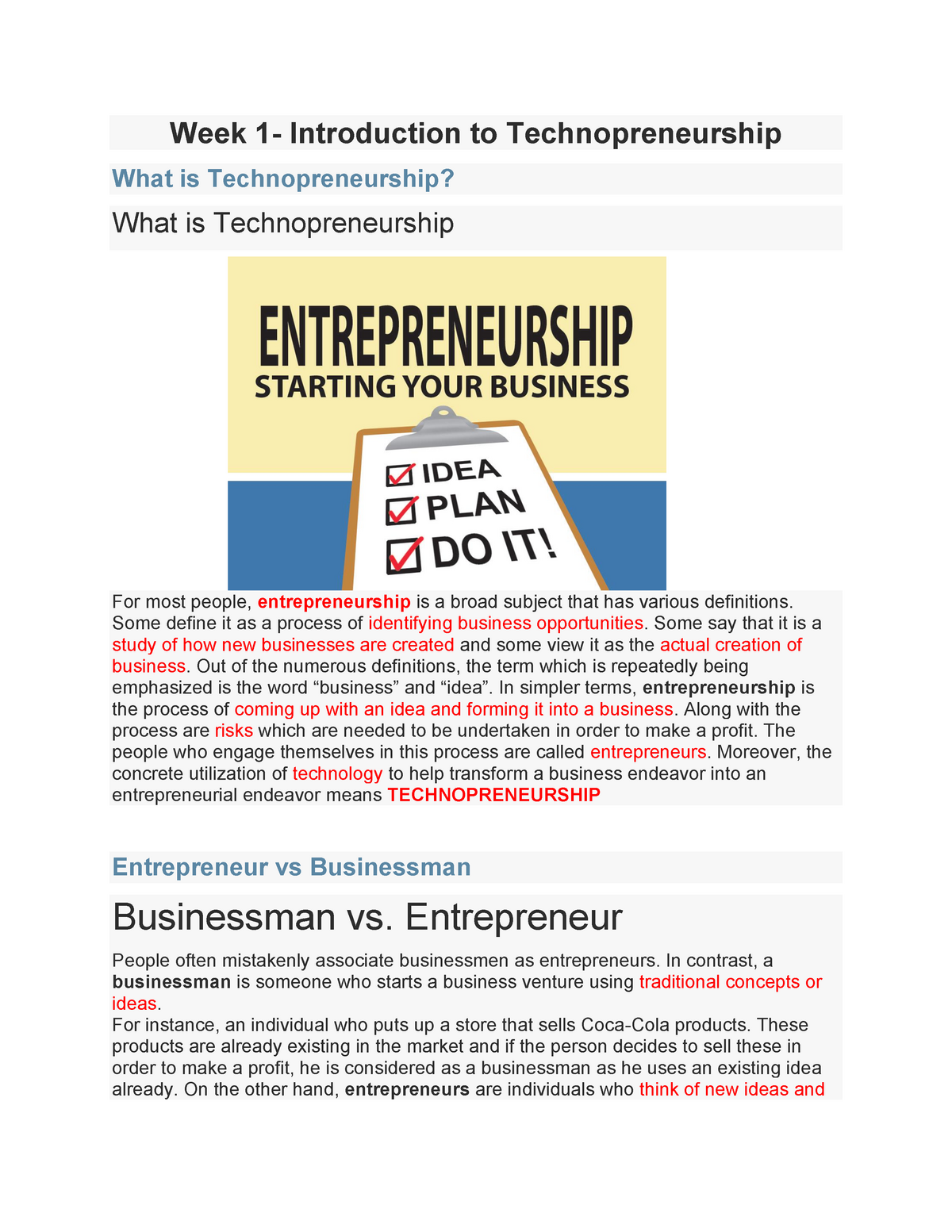 purpose of business plan in technopreneurship