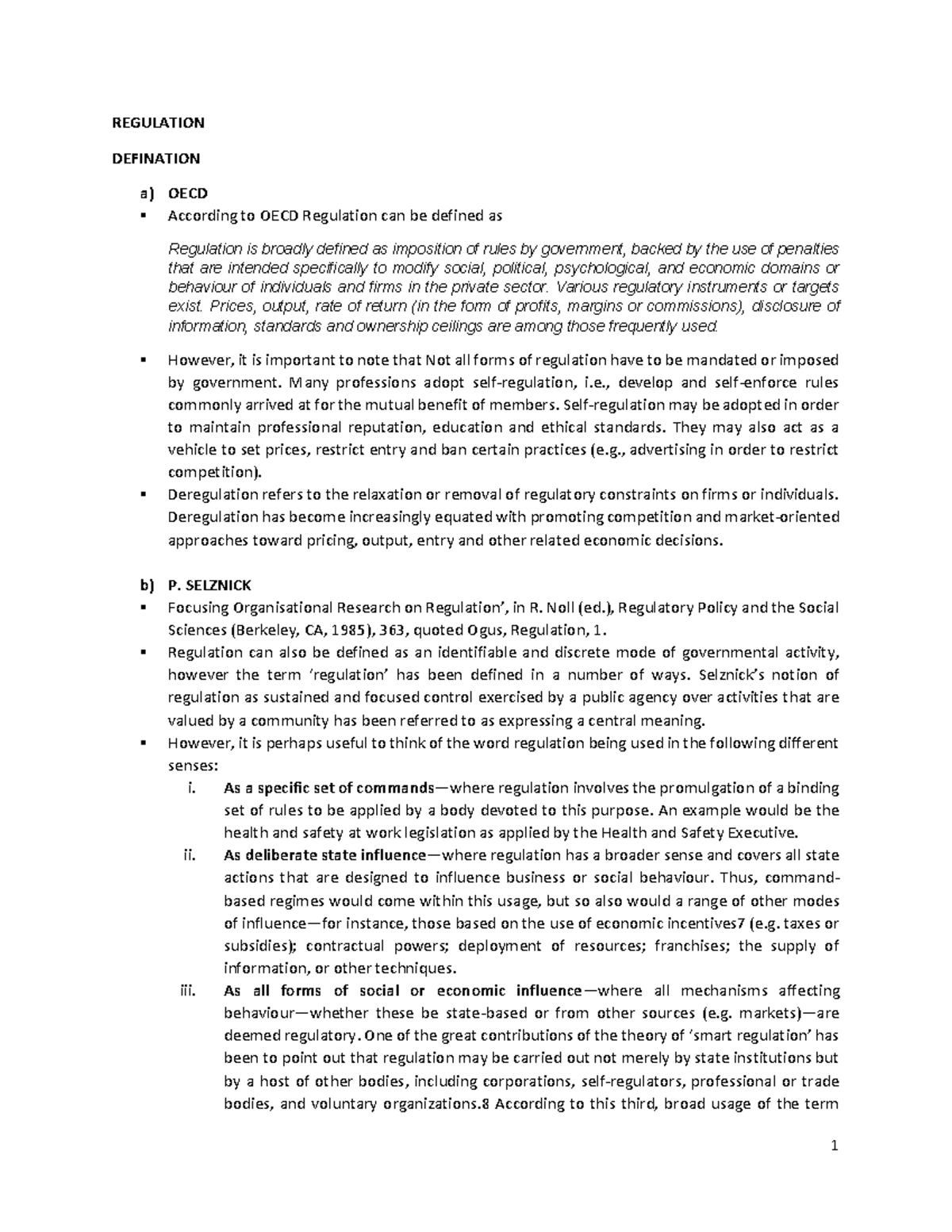 Regulation Summary Notes REGULATION DEFINATION a) OECD According to