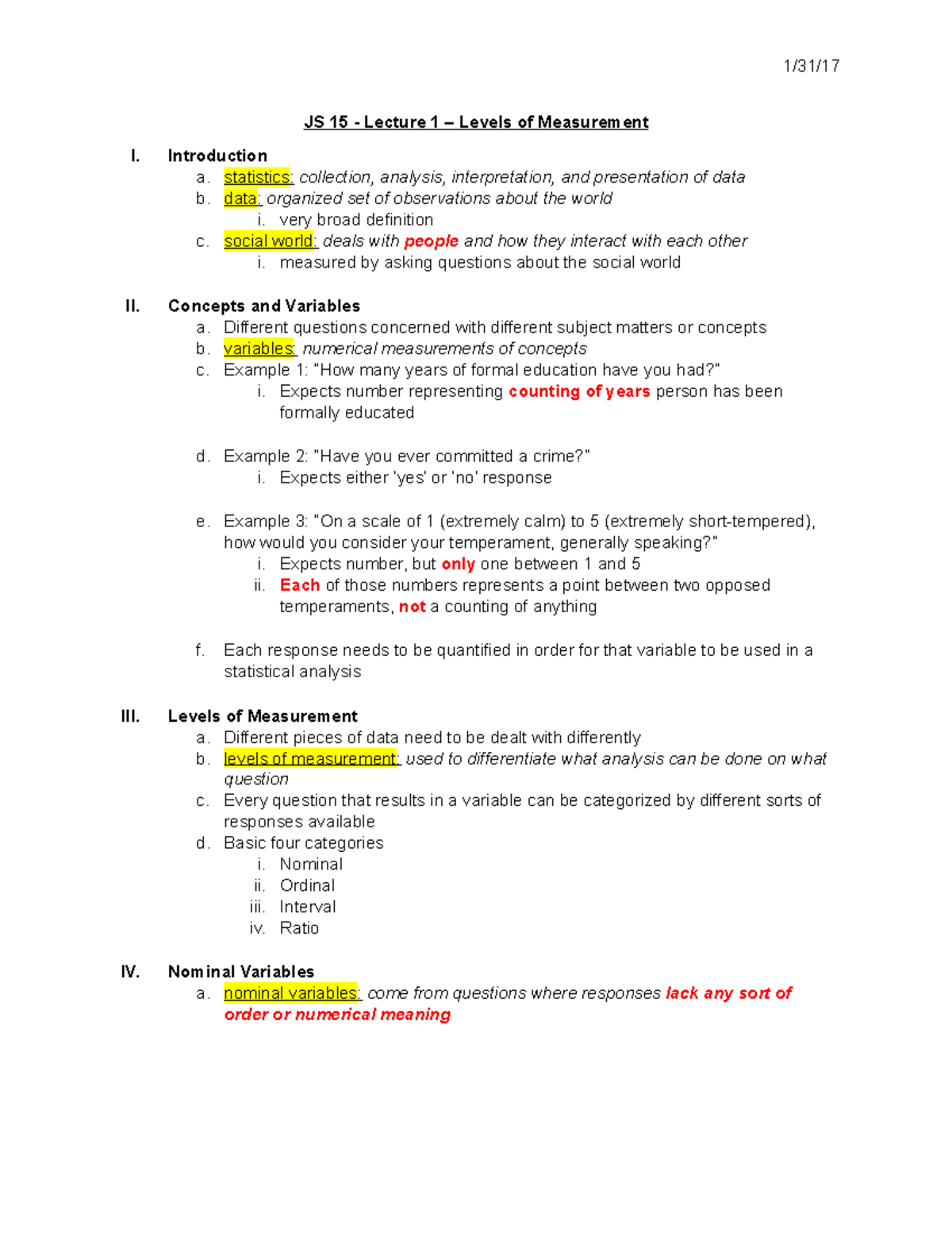 JS 15 - Lecture 1 - Levels of Measurement - Introduction a. statistics ...