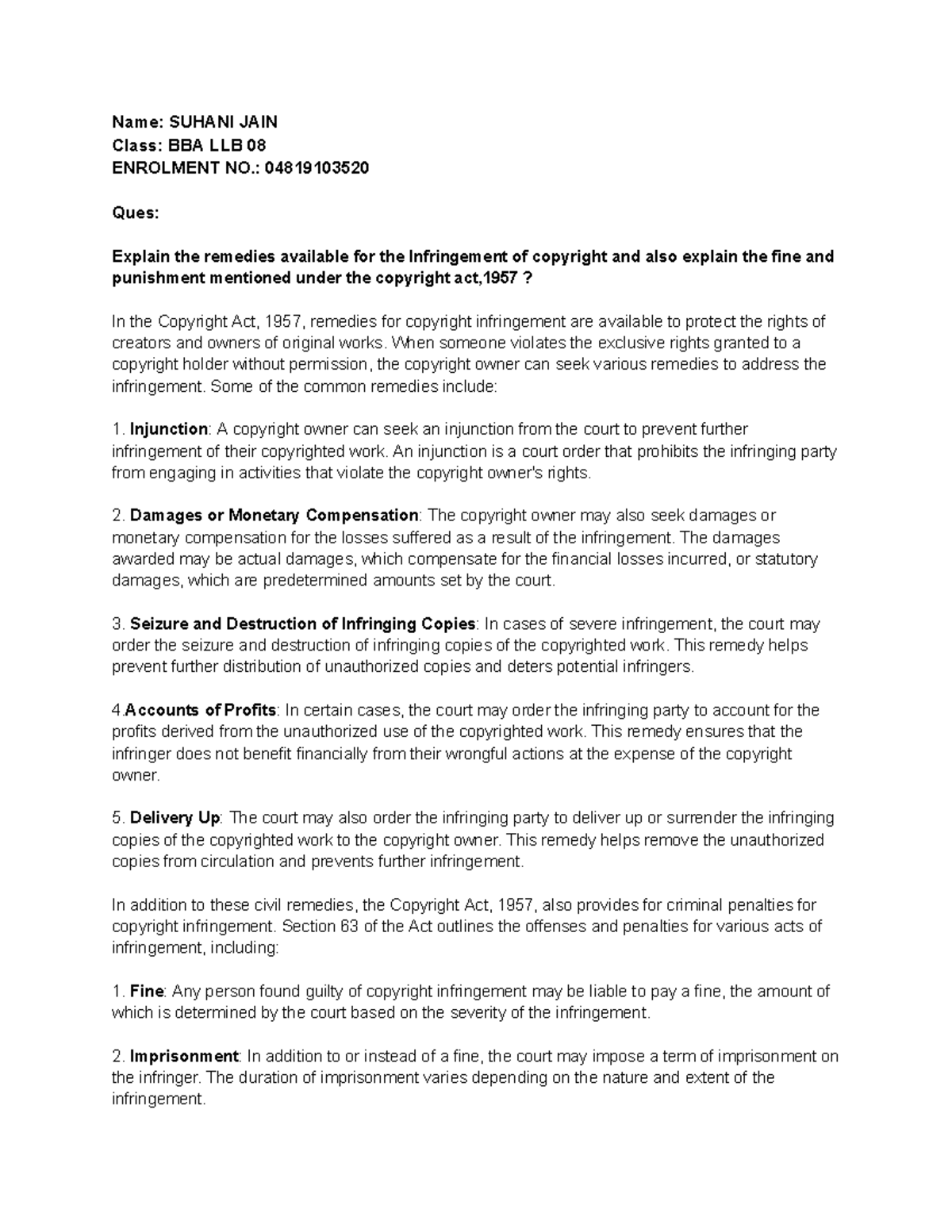 IPR PSDA - Assignment - Name: SUHANI JAIN Class: BBA LLB 08 ENROLMENT ...