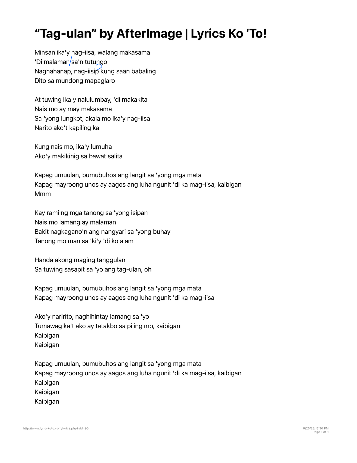 “Tagulan” by After Image Lyrics Ko ‘To “Tagulan” by AfterImage