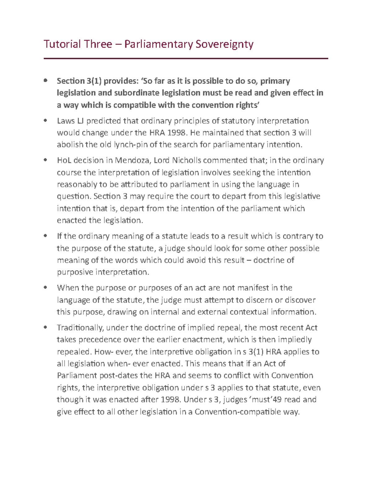 Tutorial Three notes - Tutorial Three – Parliamentary Sovereignty ...
