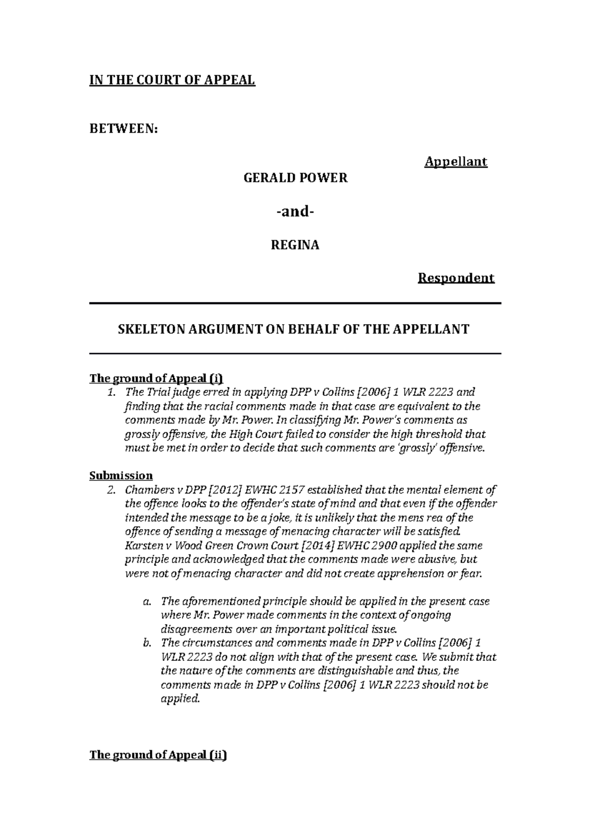 Appellant's Skeleton Argument - IN THE COURT OF APPEAL BETWEEN ...