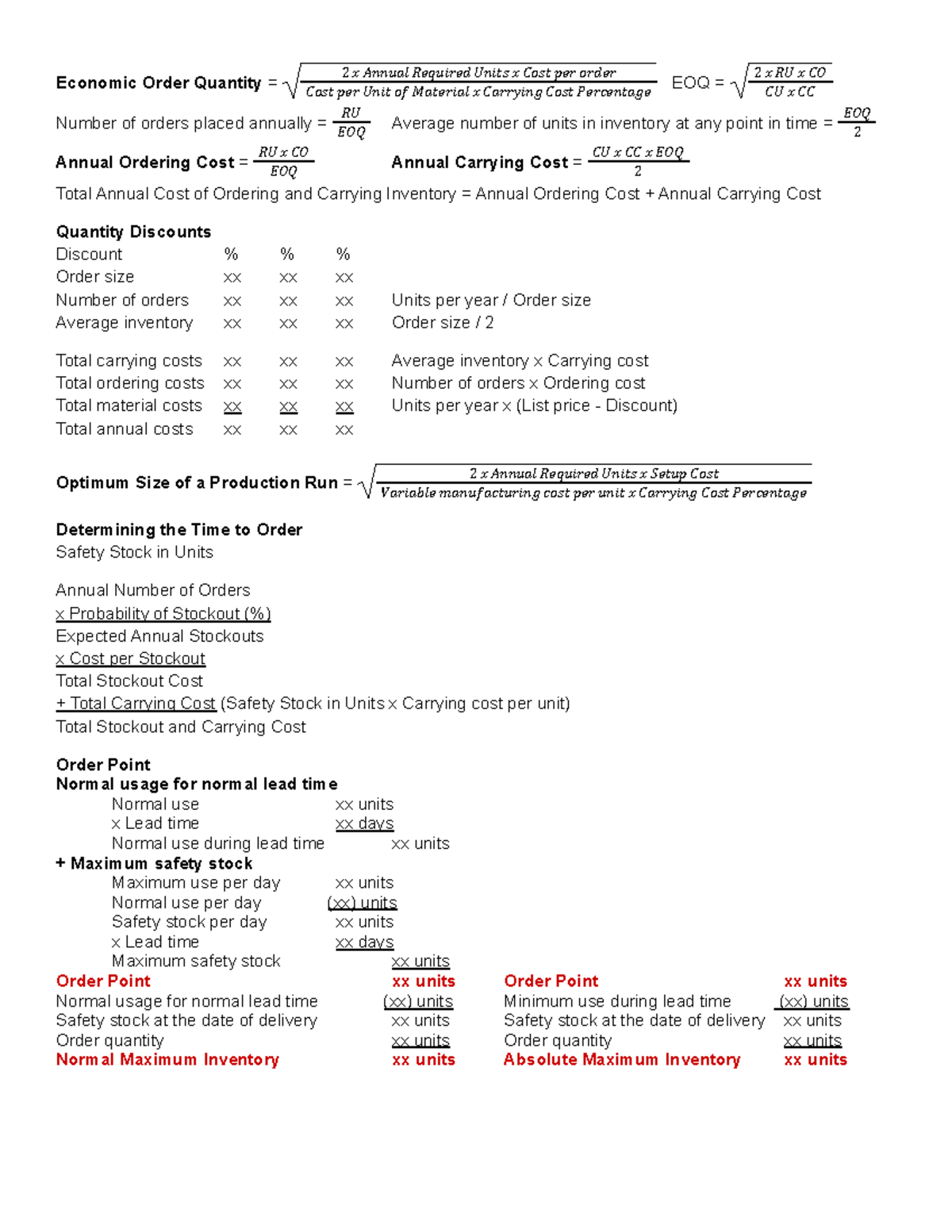 Chapter 4 Notes - Economic Order Quantity = EOQ = 2 𝑥 𝐴𝑛𝑛𝑢𝑎𝑙 𝑅𝑒𝑞𝑢𝑖𝑟𝑒𝑑 ...