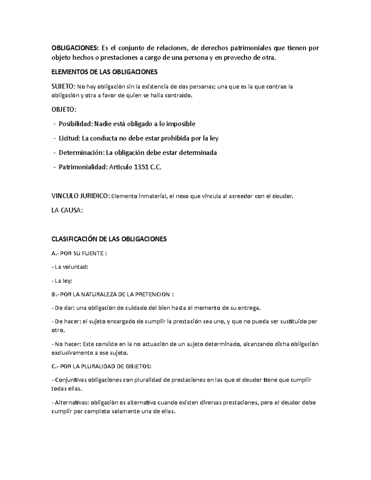 Elementos y Clasificación de las Obligaciones - OBLIGACIONES: Es el ...