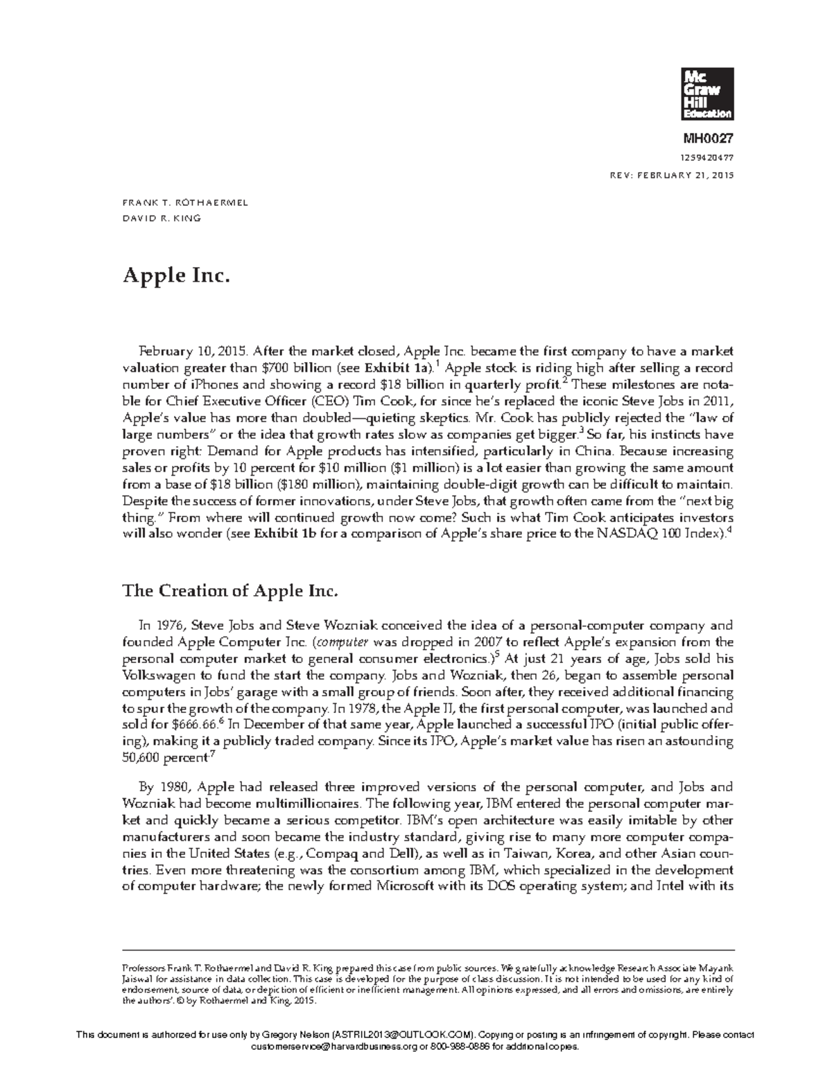 Apple inc Case for study - MH0027 1 2 5 9420477 Rev: F ebruary 21, 2015 ...