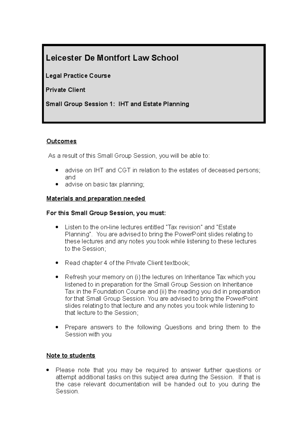 IHT and Estate Planning Seminar 1 Leicester De Montfort Law School