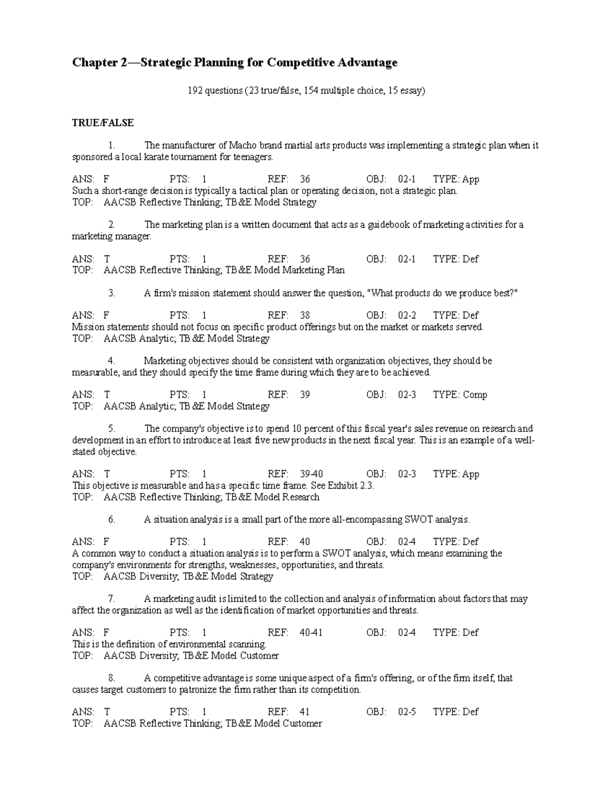 MKT - Chapter 2 questions - Chapter 2—Strategic Planning for ...