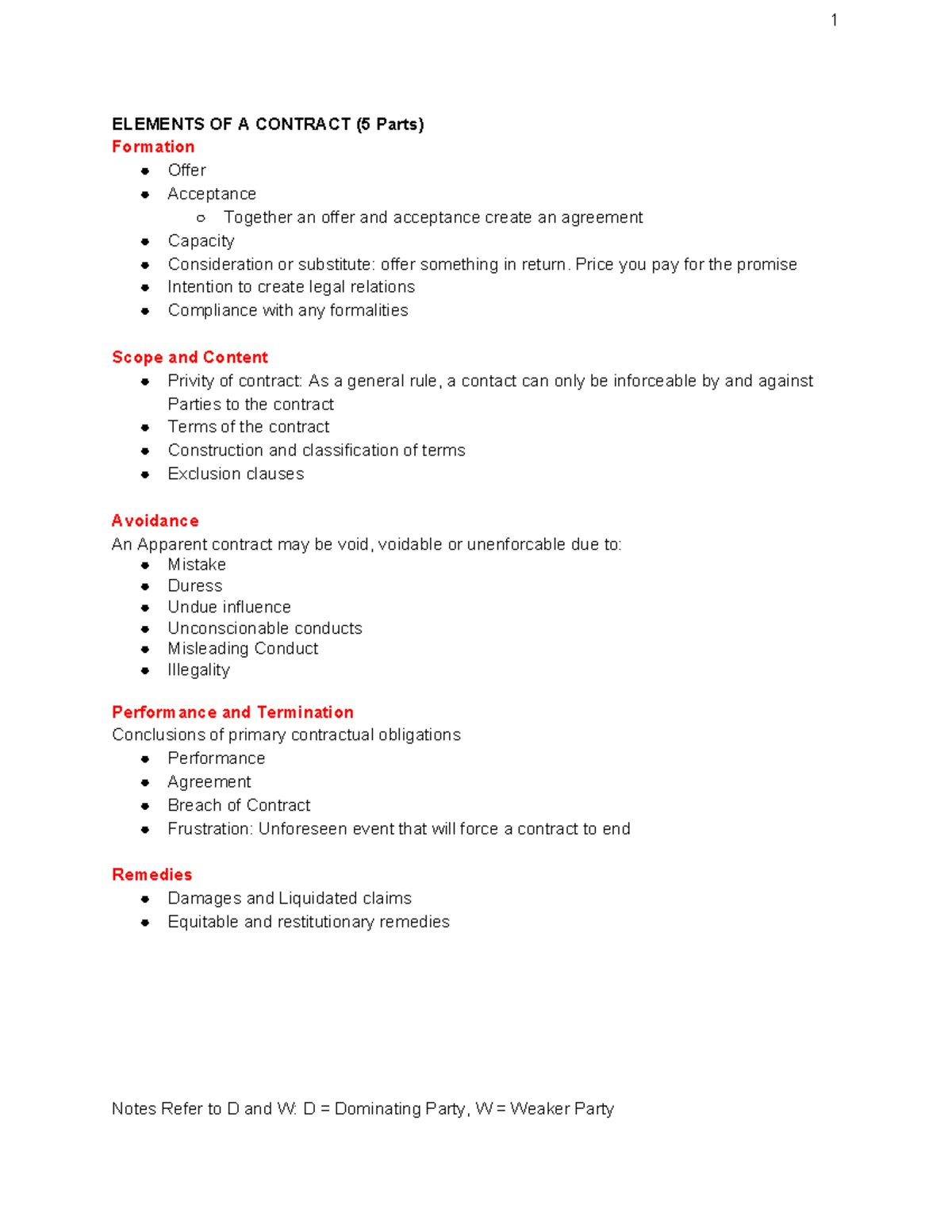 Contract Notes - 1 ELEMENTS OF A CONTRACT (5 Parts) Formation Offer ...