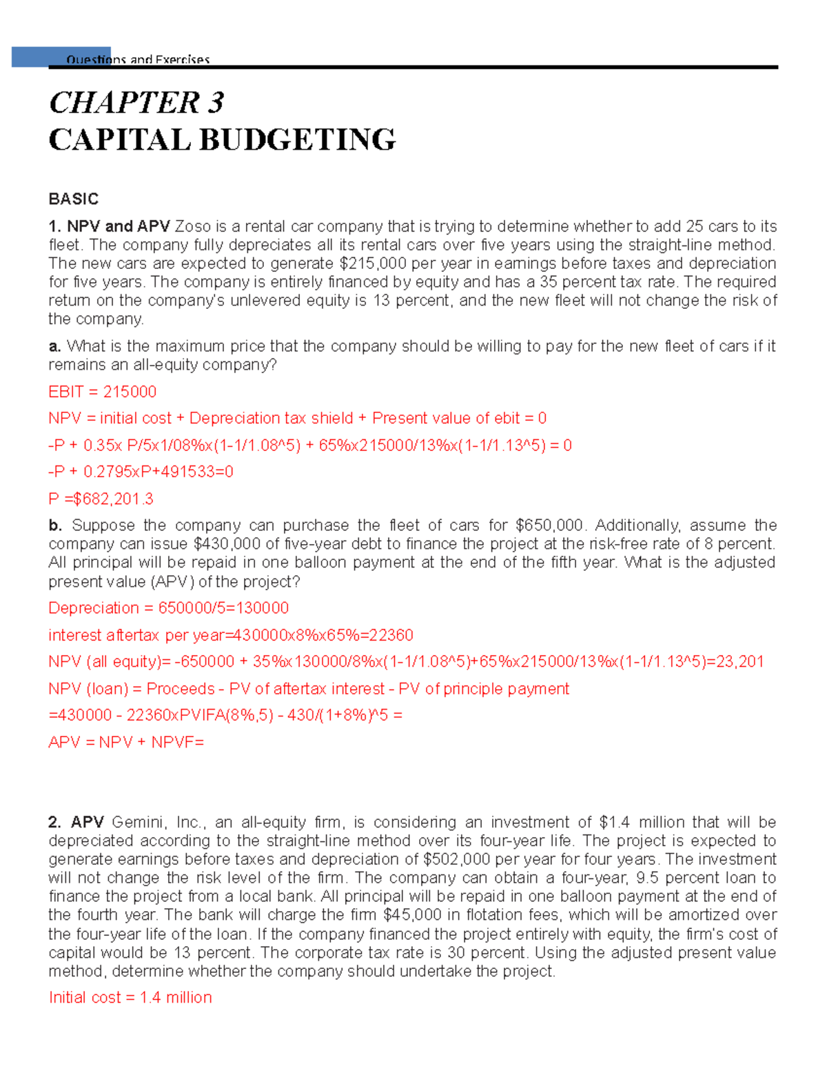 Chapter 3 Solution CF2 CHAPTER 3 CAPITAL BUDGETING BASIC 1 NPV And APV Zoso Is A Rental Car 