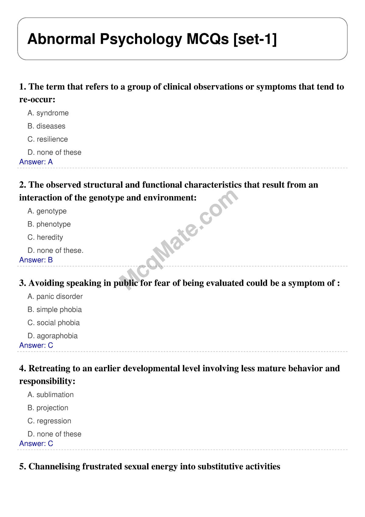 Abnormal Psychology Solved MCQs [set-1] Mcq Mate.com - McqMate Abnormal ...