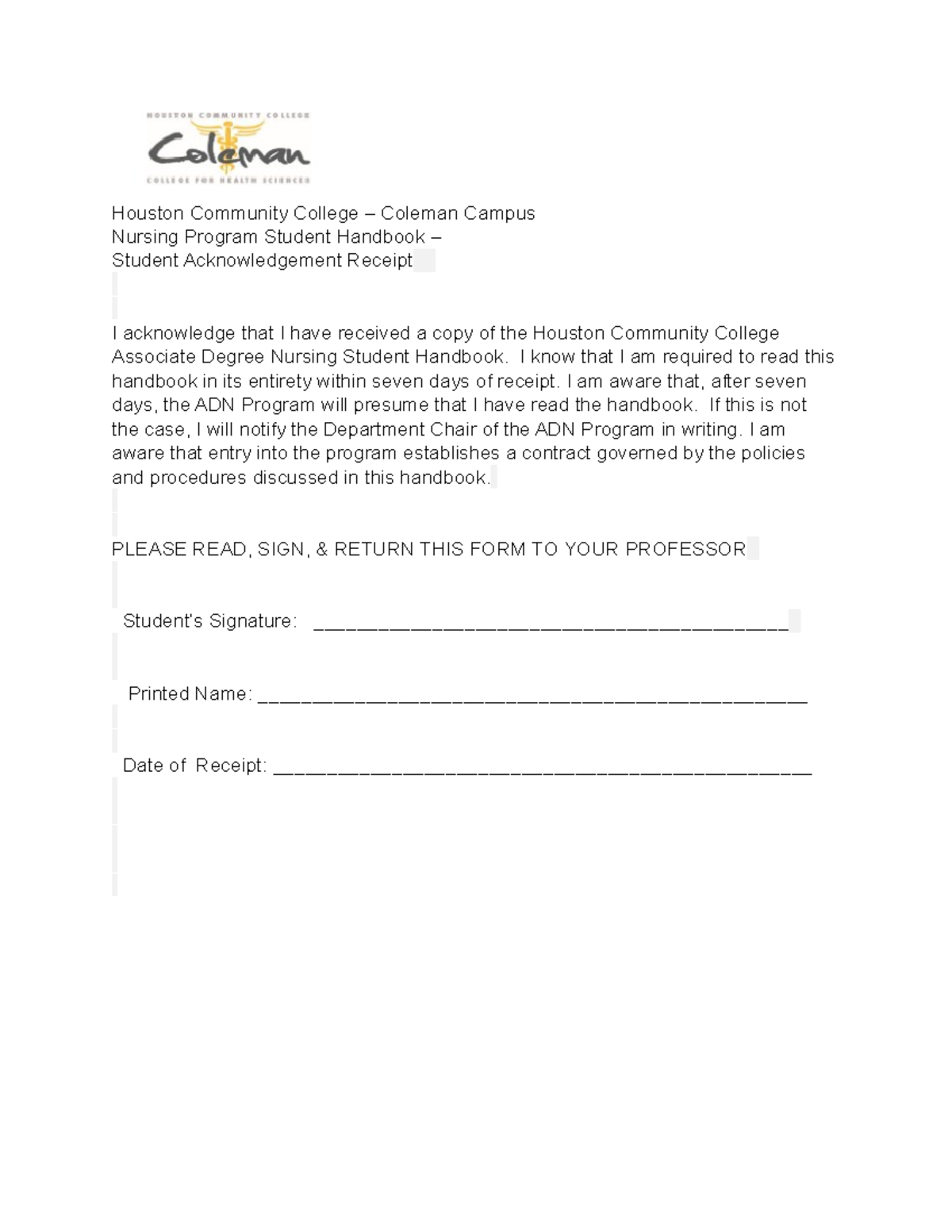 Student Handbook AcknowledgementHouston Community College Houston Community College Coleman