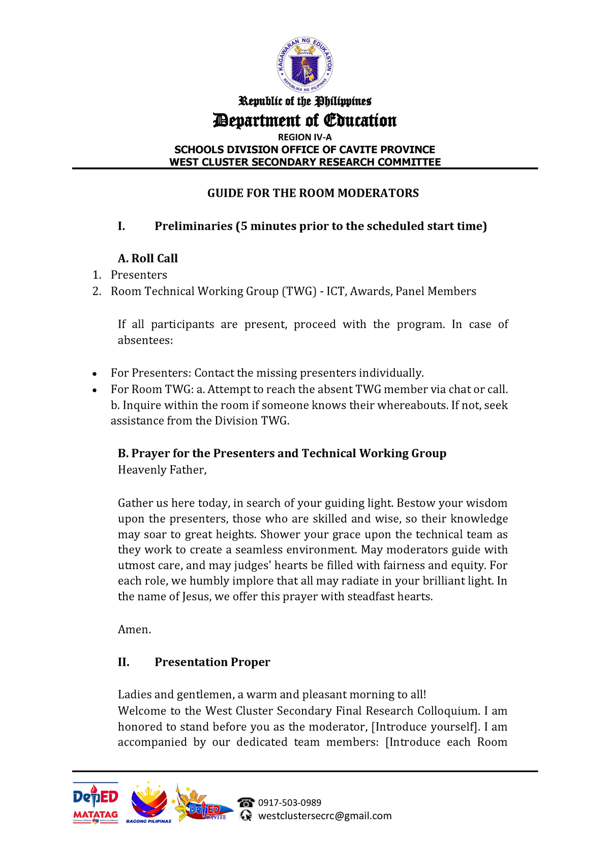 Guide For The Room Moderators Republic Of The Philippines Department