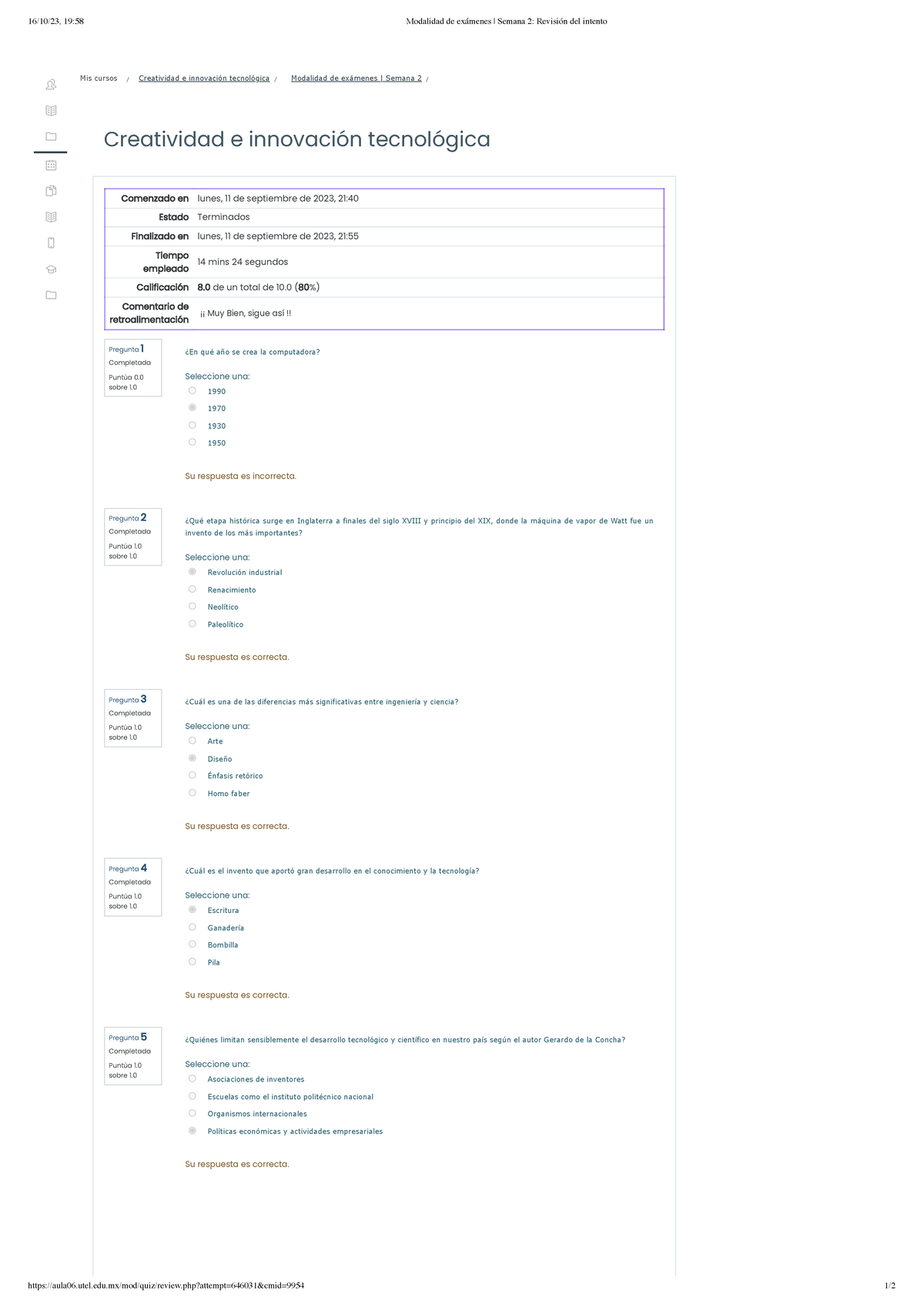 Modalidad De Exámenes Semana 2 Revisión Del Intento - 16/10/23, 19:58 ...