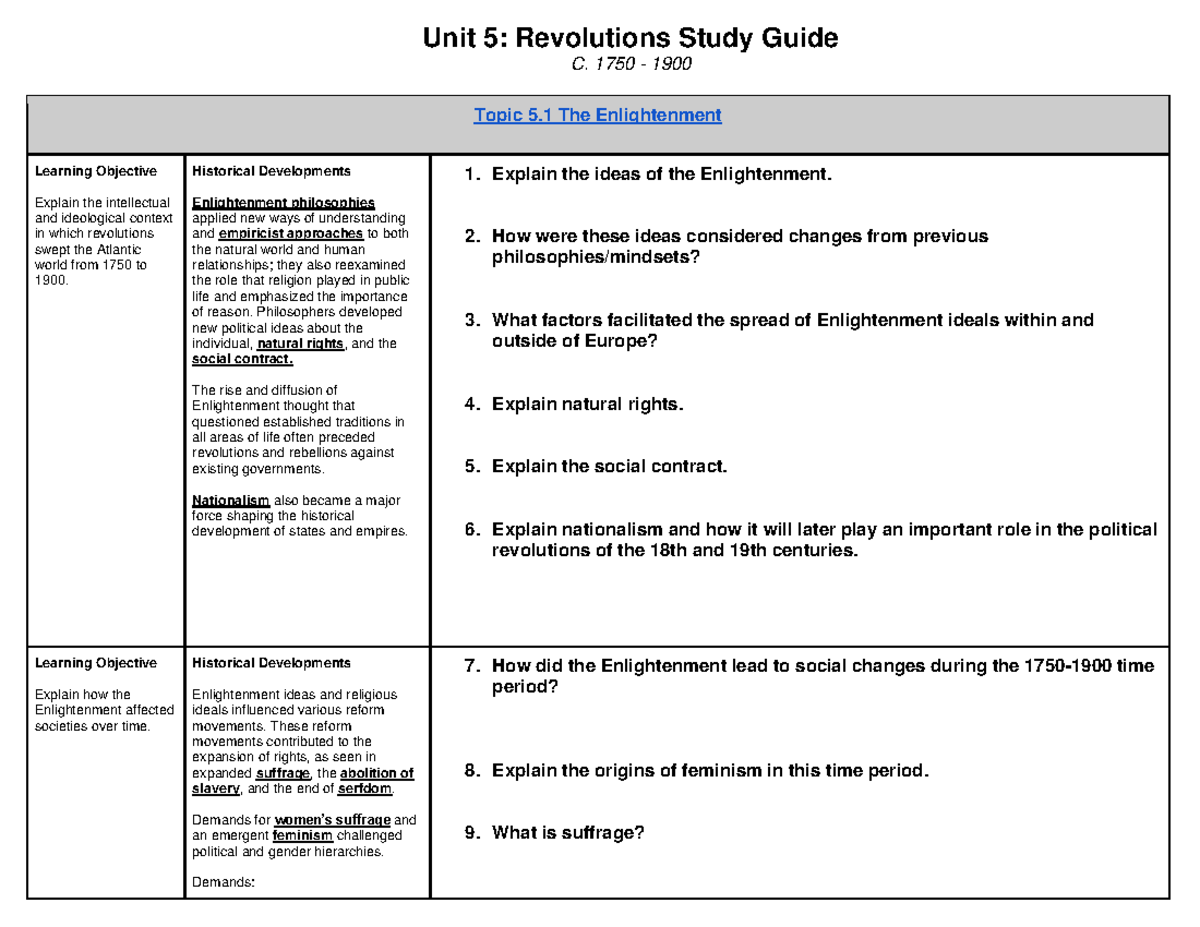 Unit 5 Study Guide - Unit 5: Revolutions Study Guide C. 1750 - 1900 ...