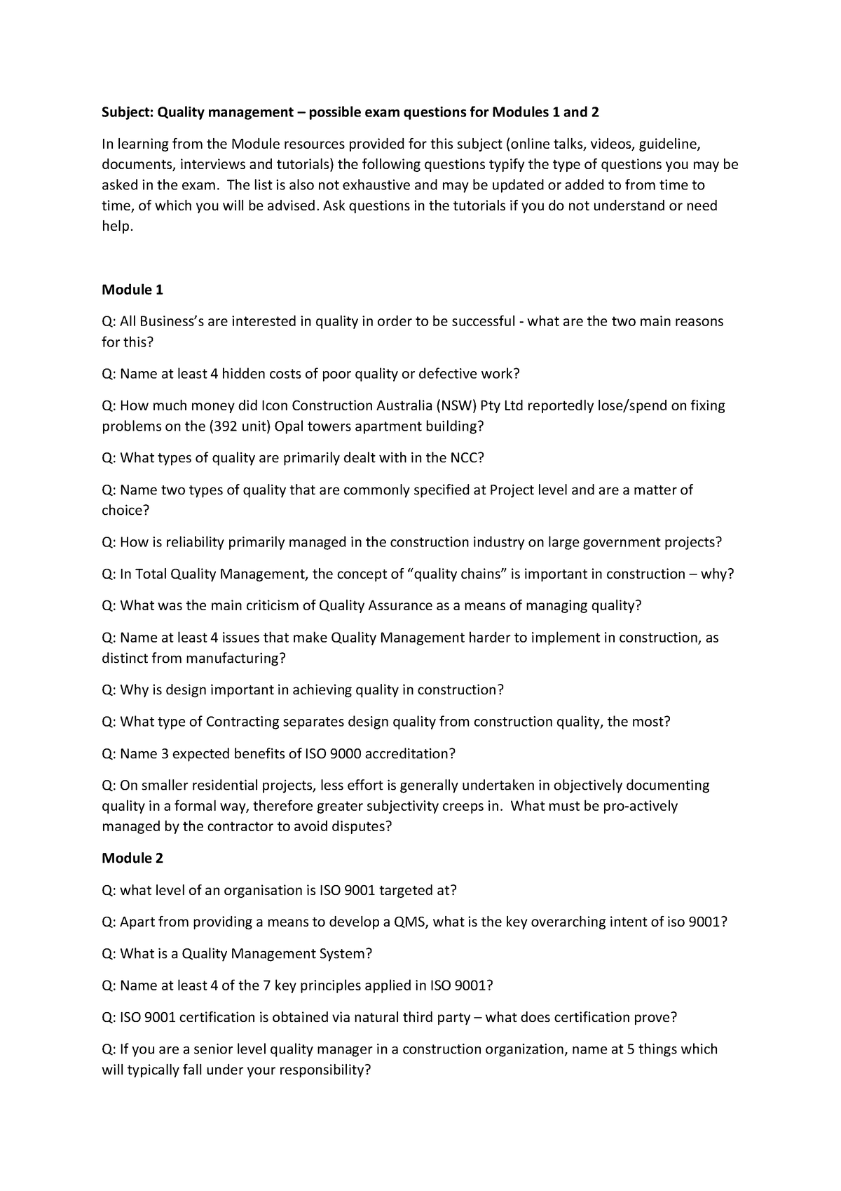 Typical QM exam questions - Modules 1 and 2 - Subject: Quality ...