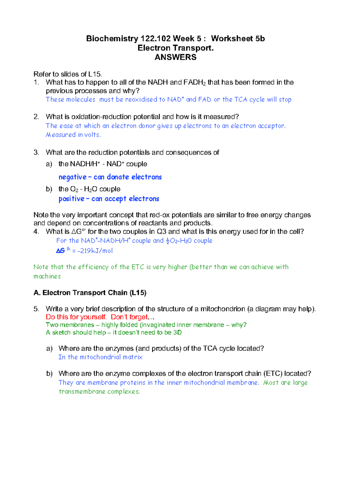 Week 5 Worksheet 5b ETC Answers - Biochemistry 122 Week 5 : Worksheet ...