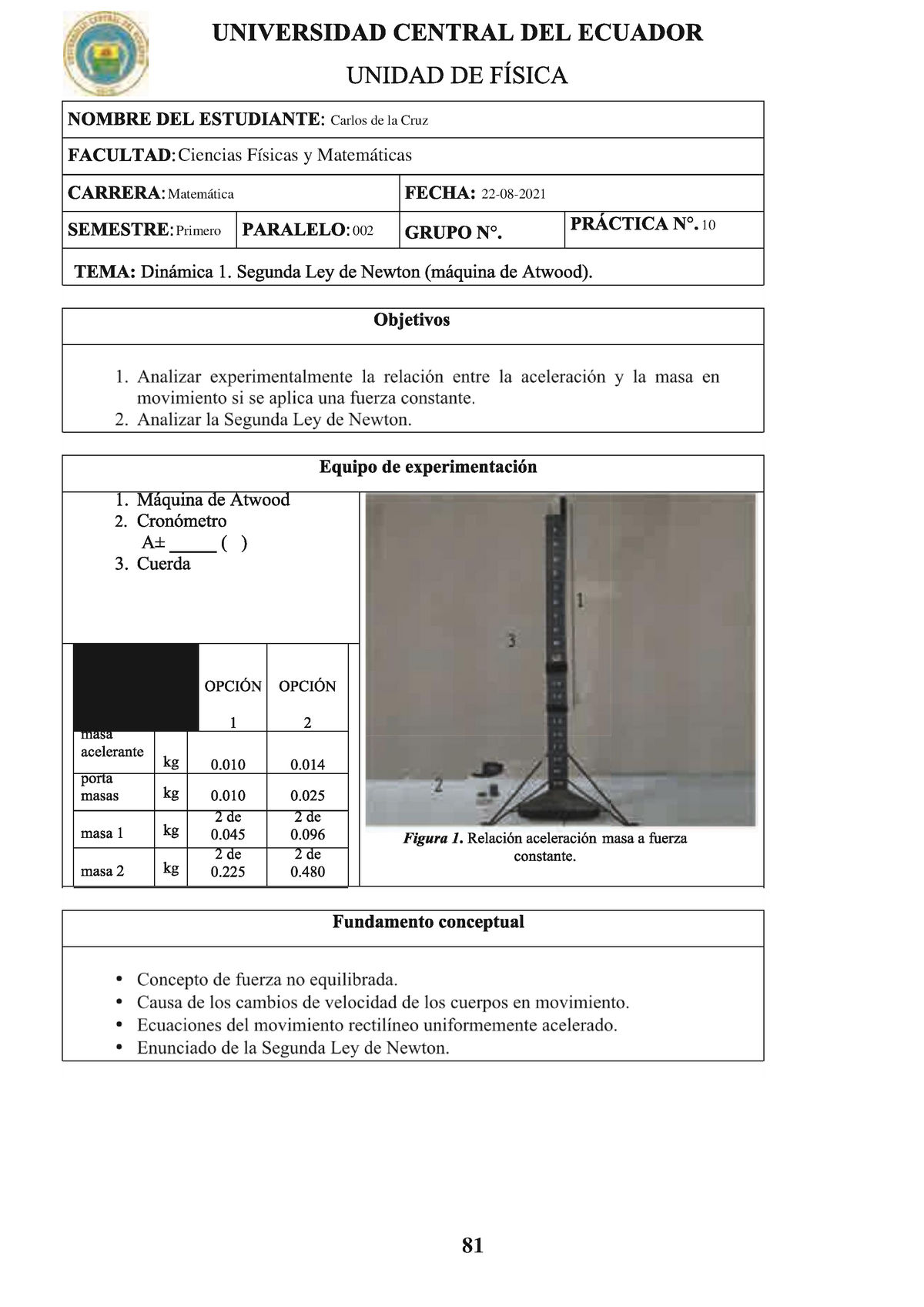 Practica completa Dinámica 1. Segunda LEY DE Newton ( Atwood) - Carlos de  la Cruz Ciencias Físicas y - Studocu