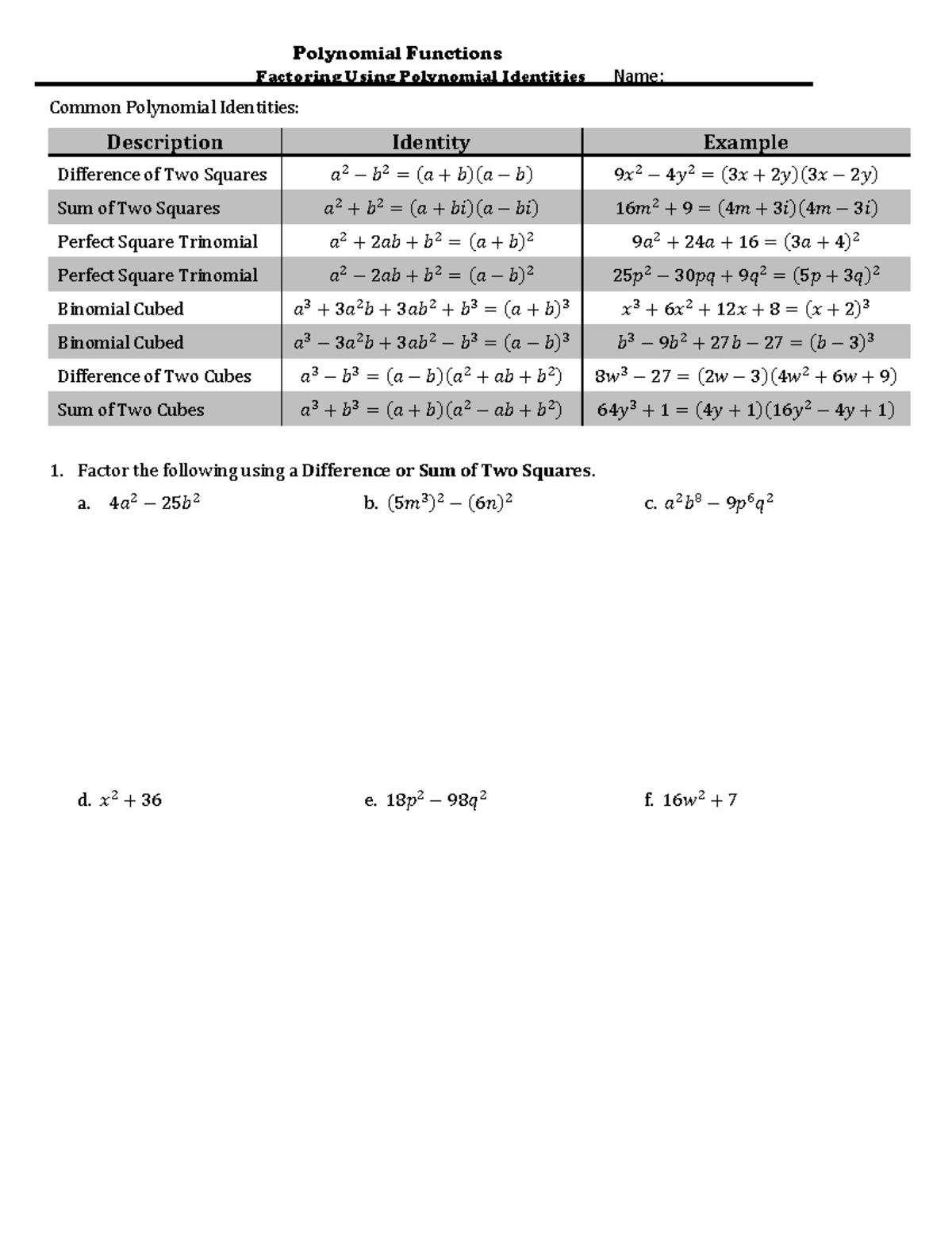 Polynomial Factoring Identities - Polynomial Functions Factoring Using ...