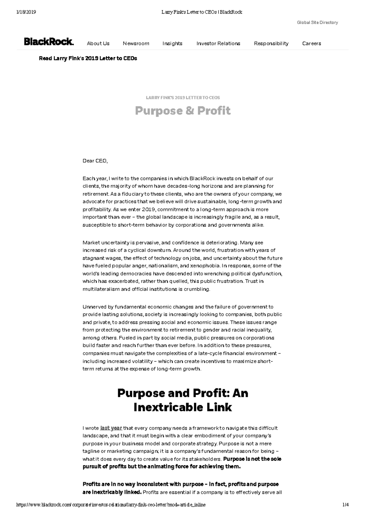Larry Finks Letter to CEOs Black Rock Global Site Directory Dear CEO