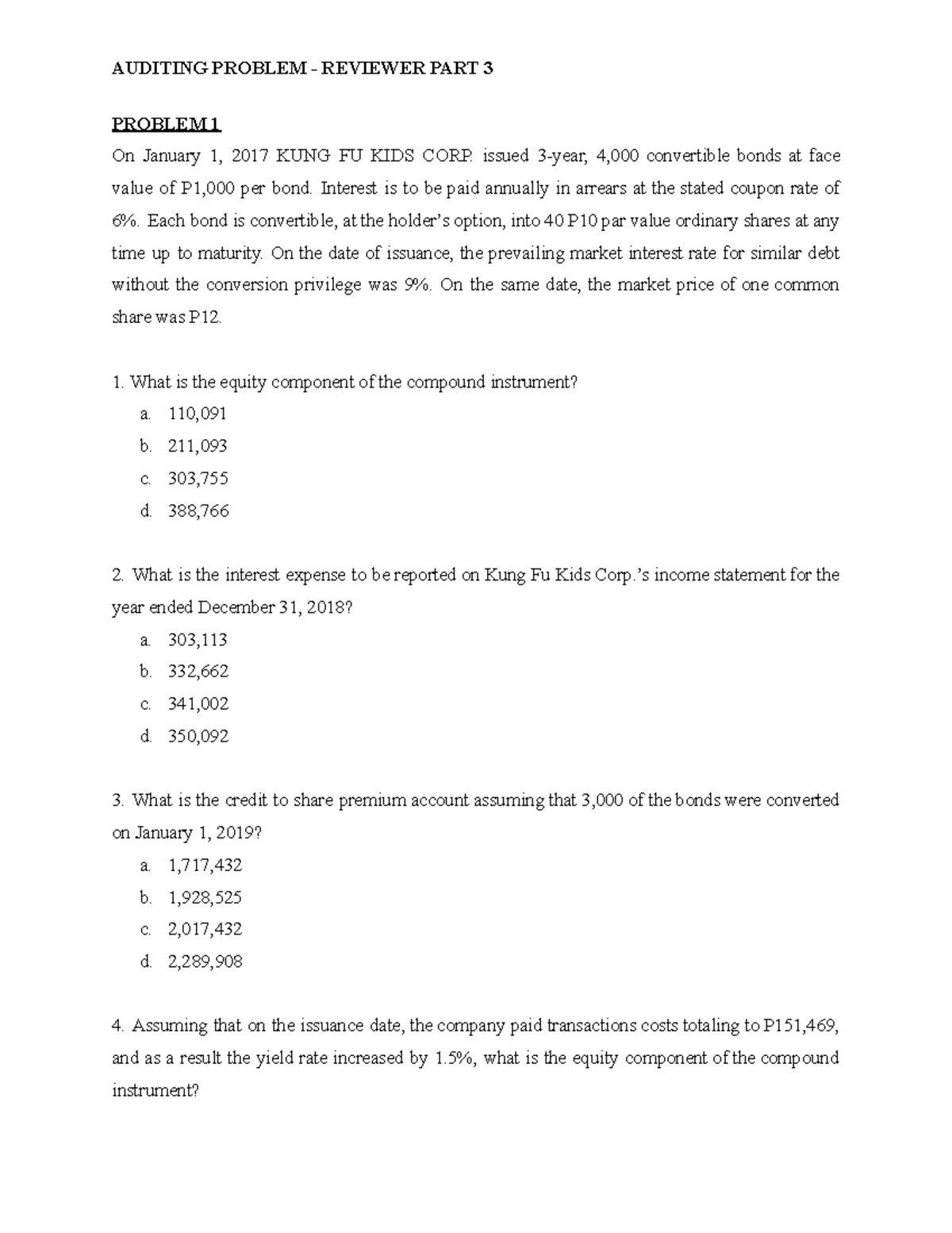 Auditing Problem - Reviewer Part 3 - PROBLEM 1 On January 1, 2017 KUNG ...