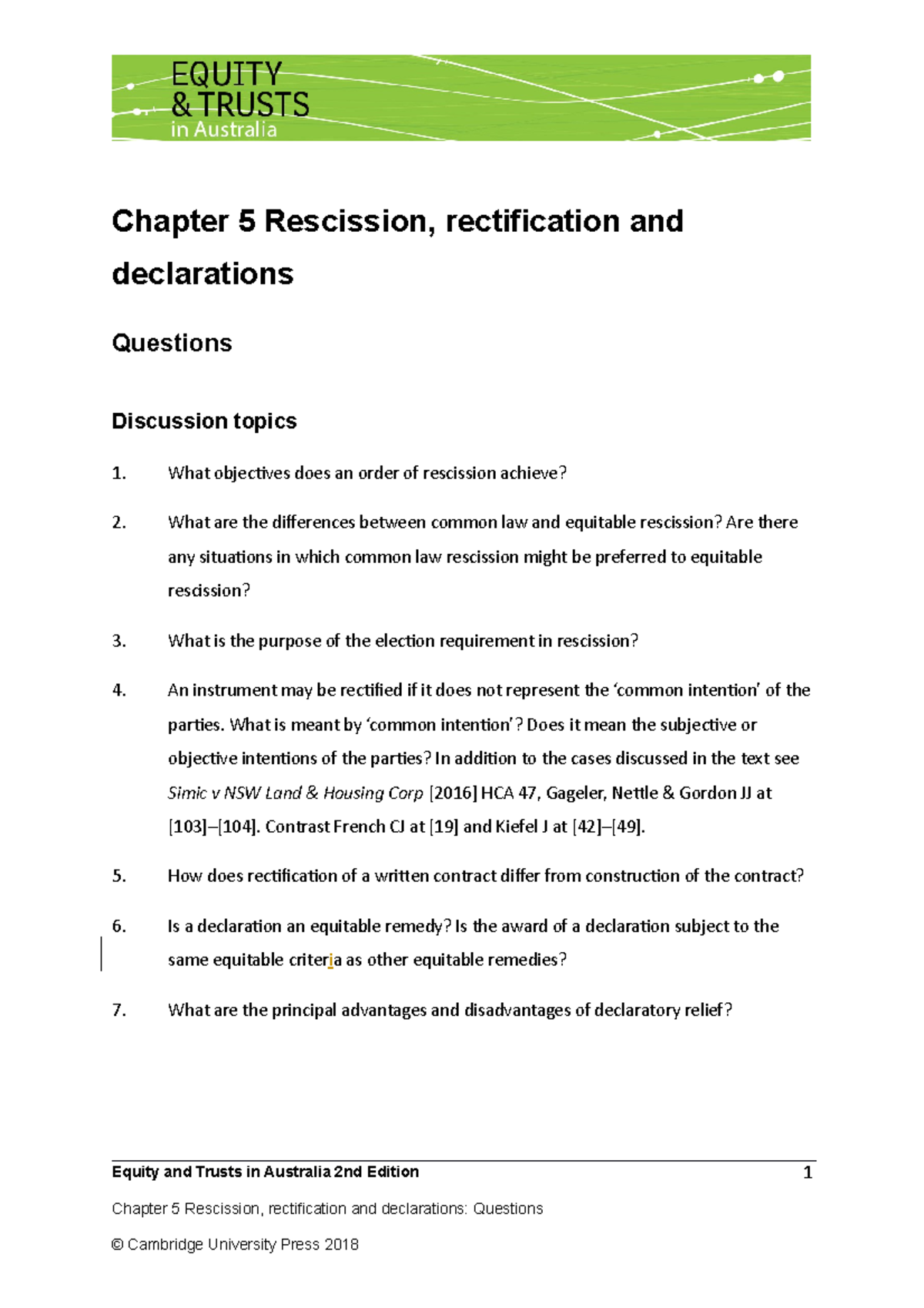 05-Questions - fdsfsdfsfsdfsf - Chapter 5 Rescission, rectification and ...