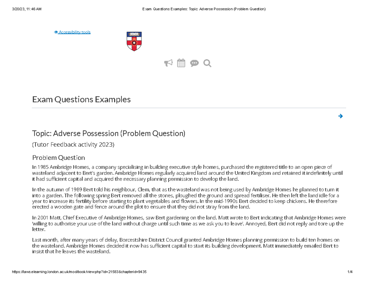 Exam Questions Examples Topic Adverse Possession Problem Question 