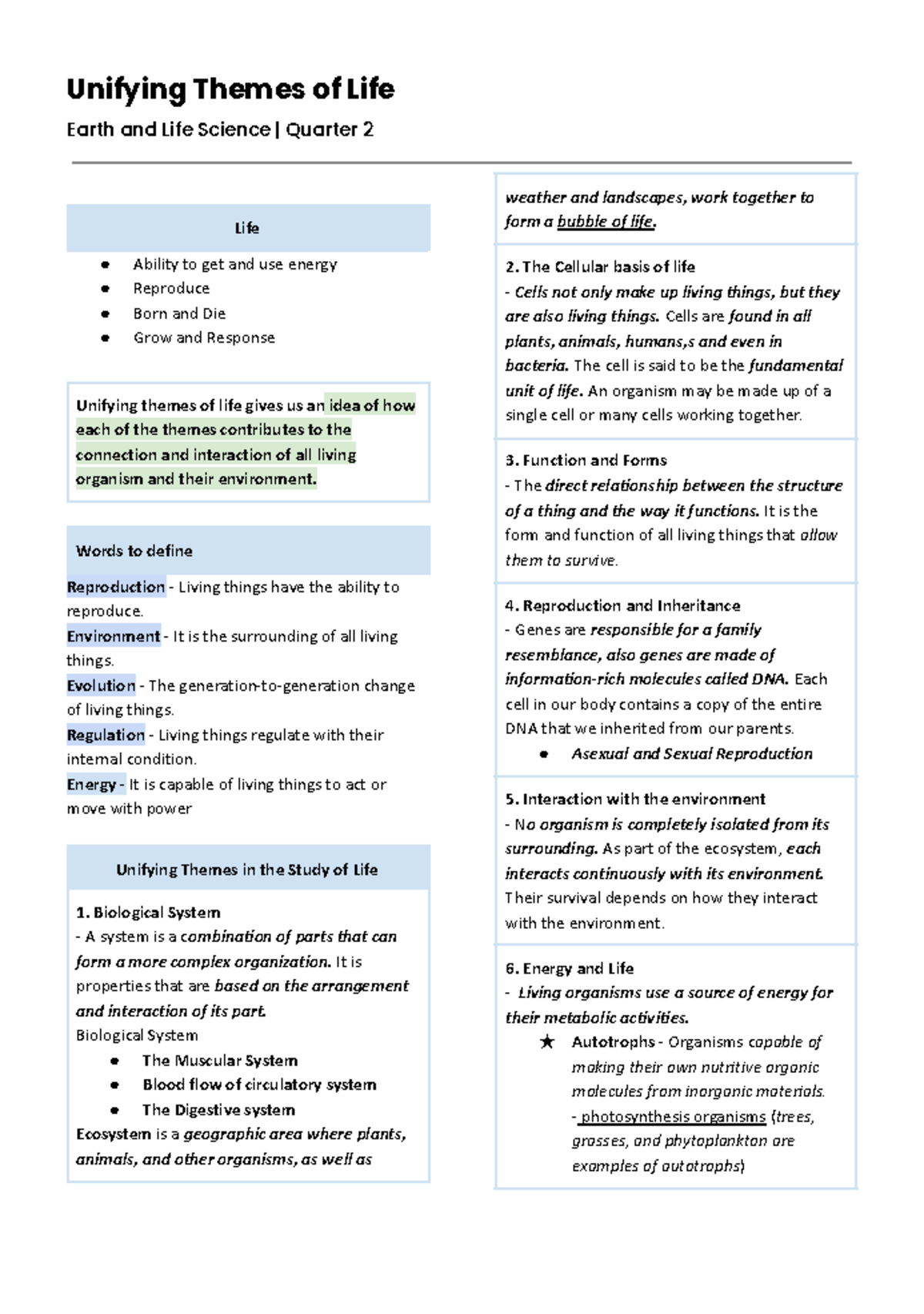 Lesson 1 Unifying Themes of Life - Unifying Themes of Life Earth and ...