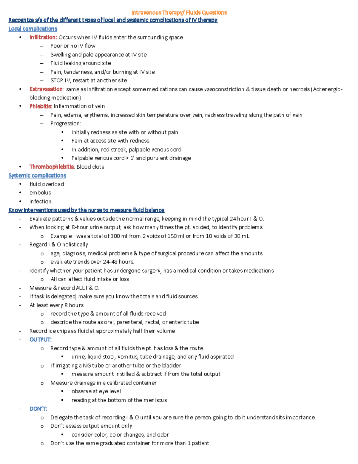 IVtherapy Qs-MM - exam 5 notes following study guide focus questions ...